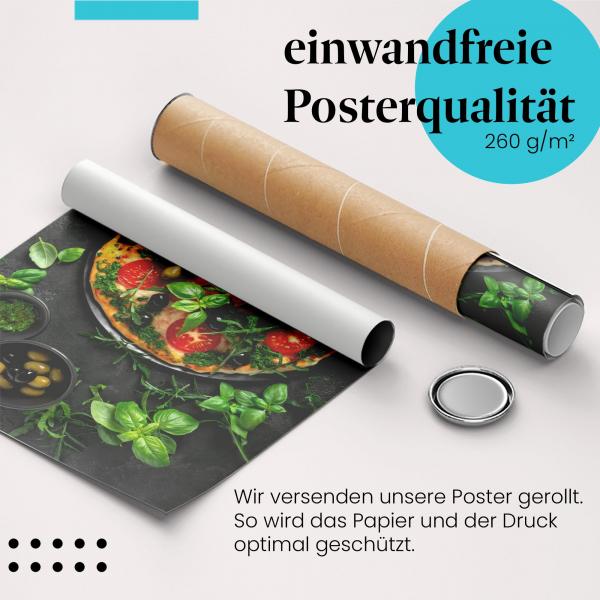 Gerolltes Poster "Vegane Pizza". Italienisches Essen, sicher verpackt.