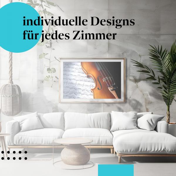 Schlafzimmer Deko: Minimalistisches Schlafzimmer mit "Violine & Noten" Poster. Wanddeko für Musikliebhaber.