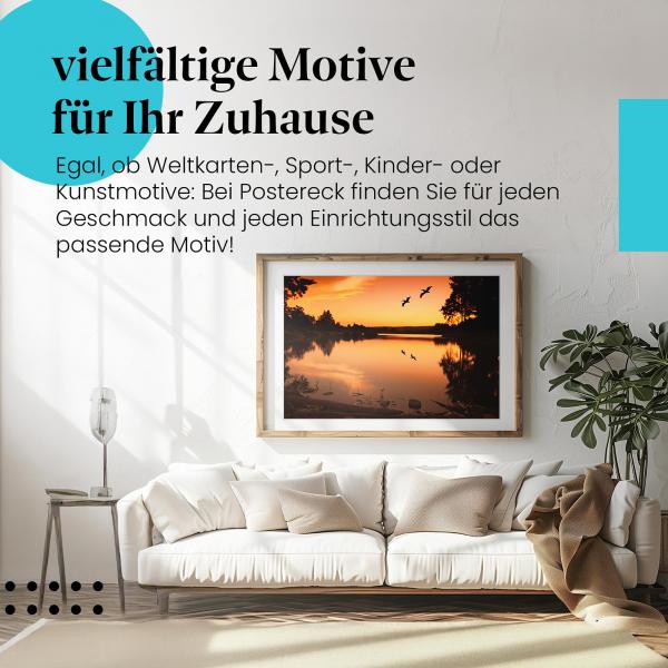 Dieses Leinwandbild mit den Vögeln im Sonnenuntergang ist ein Hingucker und versprüht Ruhe und Gelassenheit.