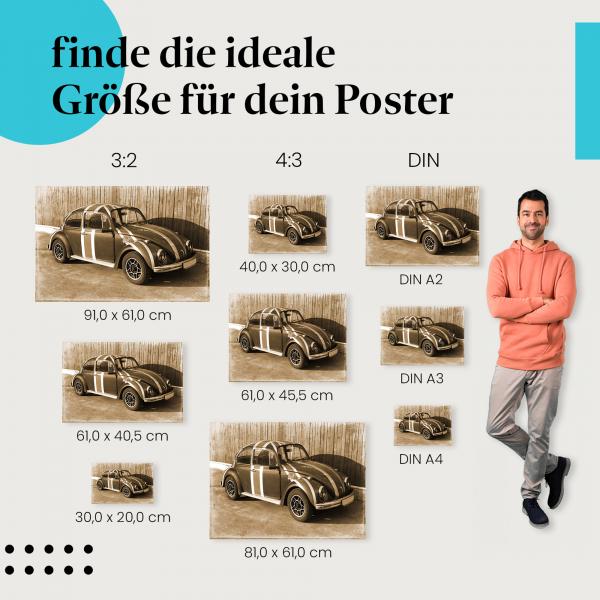 Finde die ideale Größe für dein Zuhause. Stylisches Poster eines alten Autos vor einem Holzzaun!