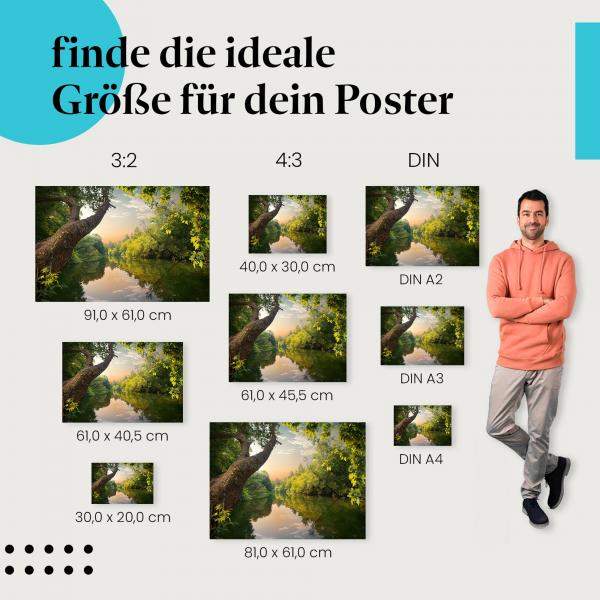 Finde die ideale Postergröße: Fluss im Wald, Sonnenuntergang, goldenes Licht, magisch.