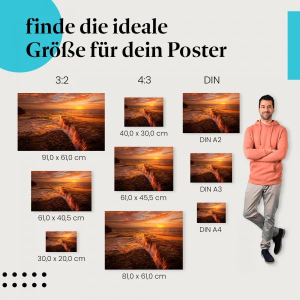 Wasserfall, Poster: Meer, Sonnenuntergang, Felsen.