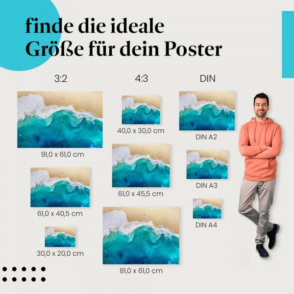 Wellen, Poster: Kraft der Natur, Strand, Vogelperspektive.