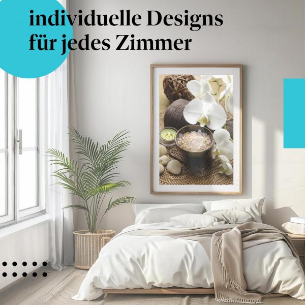 Schlafzimmer Deko: Minimalistisches Zimmer mit "Wellness-Oase" Poster. Wanddeko für Entspannung.