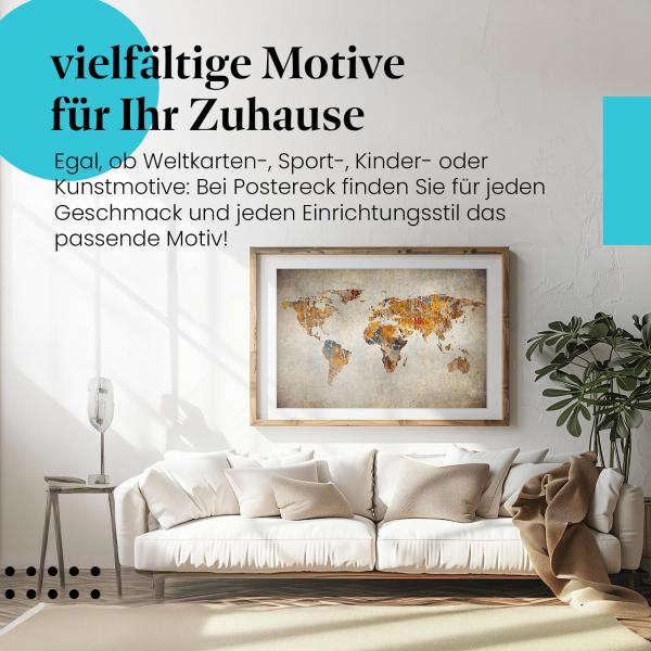 Stylisches Leinwandbild: Abstrakte Weltkarte: Kunstvoller Druck auf Vintage Hintergrund.