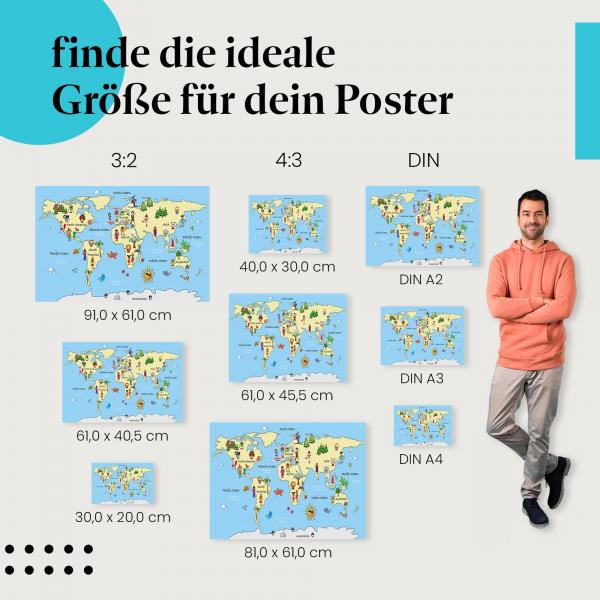 Wähle die ideale Postergröße: Bunte Weltkarte für Kinder mit Tieren, Menschen und Sehenswürdigkeiten.