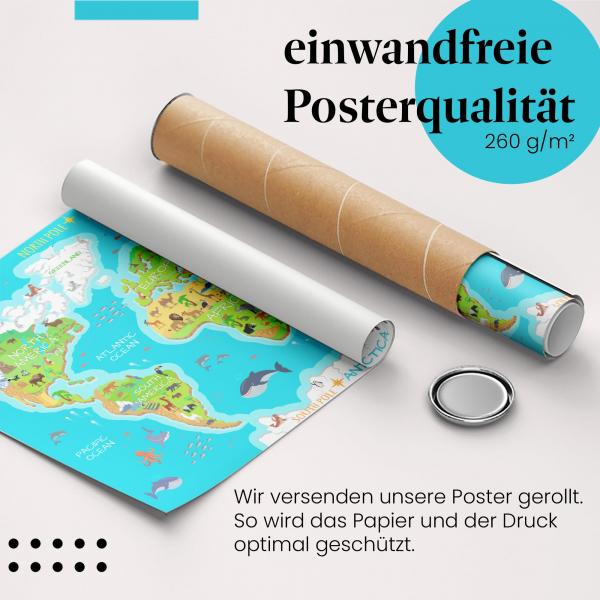 "Weltkarte": Gerolltes Poster, Kinder, Tiere, Lernen.