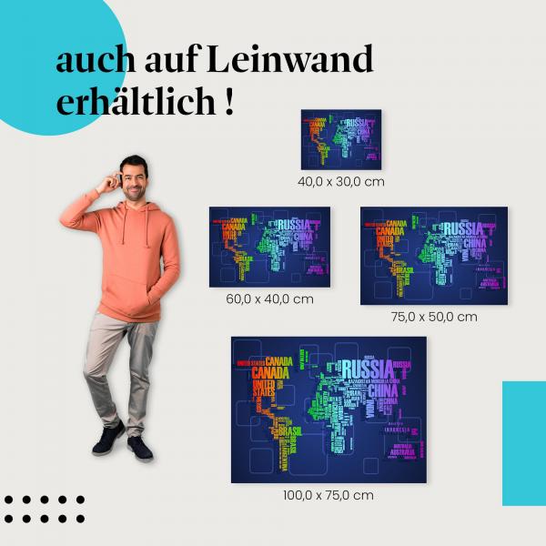 "Weltkarte aus Ländernamen" Leinwandbild. Finde die ideale Größe für dein Zuhause & setze Akzente mit Kunst!