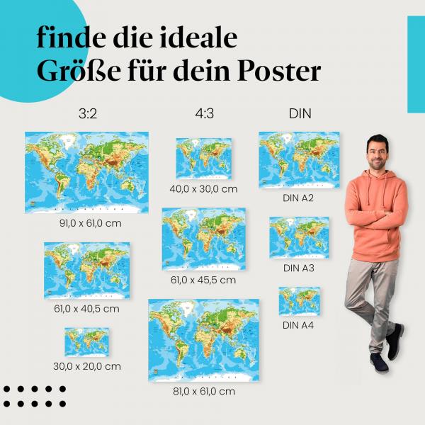 Weltkarte mit Landschaftsrelief: Detailliertes Kartenposter - jetzt bestellen!