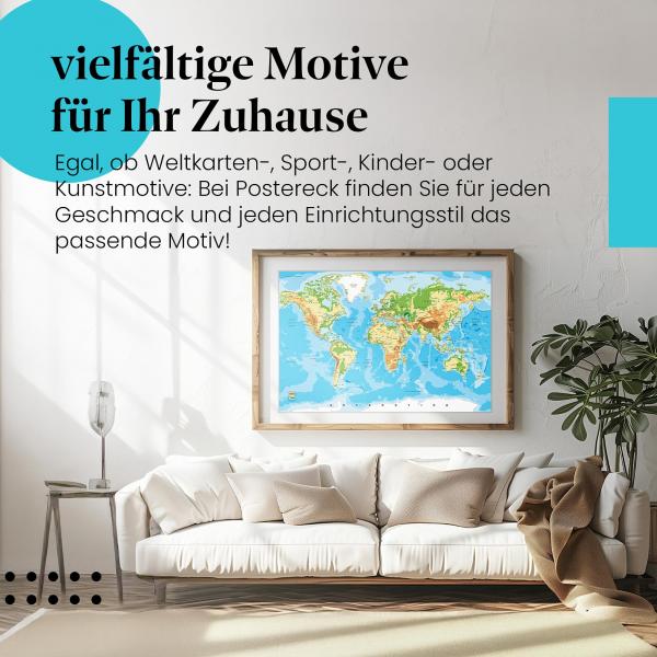 Stylisches Leinwandbild: Detaillierte Weltkarte mit Landschaftsrelief.