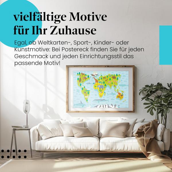 Stylisches Leinwandbild: Weltkarte Tiere Kontinente.