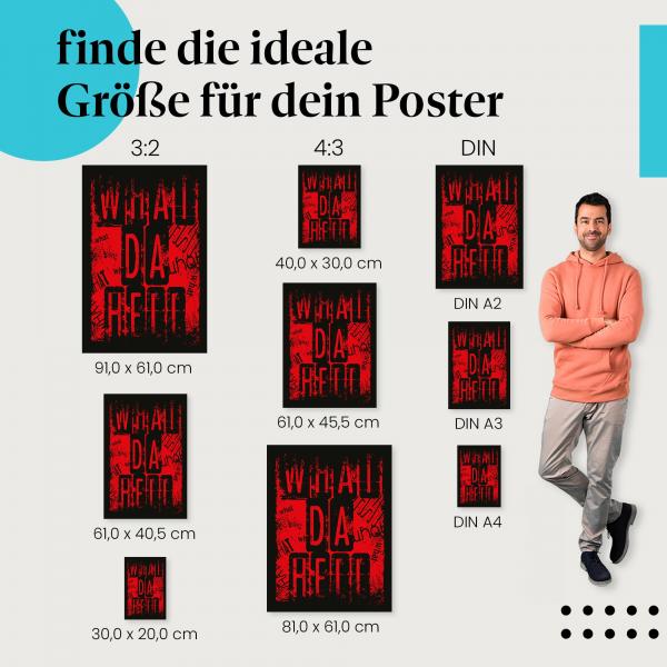 Wähle die ideale Postergröße: "What da Hell" - Typografie-Design in Rot auf Schwarz.