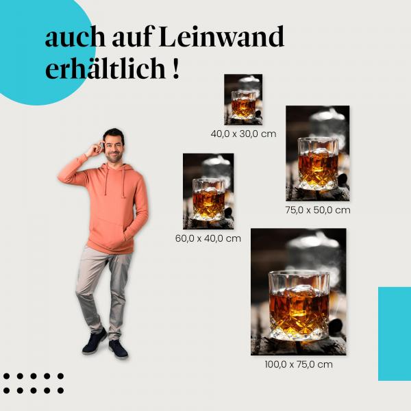 Whiskey: Leinwandbild. Glas, Eis, Rauch, Zigarre.