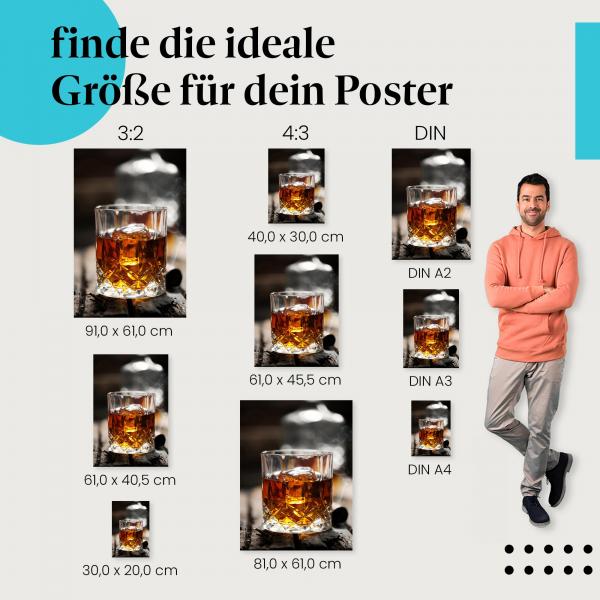 Finde die ideale Postergröße: Whiskey, Glas, Eis, Rauch, Zigarre.