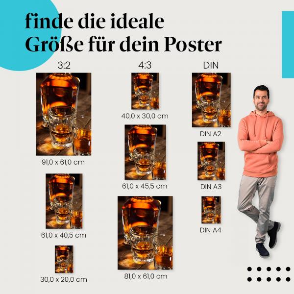 Whiskey, Poster: Zwei Gläser, Flasche, Gemütlichkeit, Genuss.