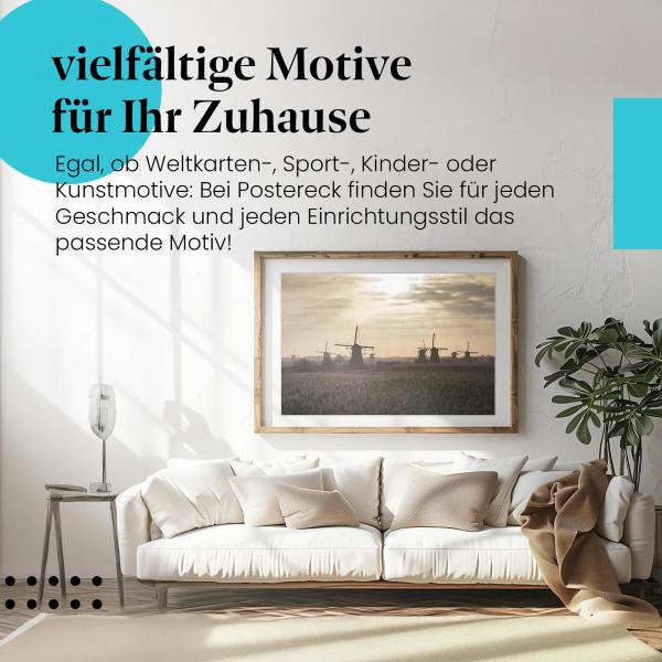 Stylisches Leinwandbild: Holländische Idylle: Windmühlen im Sonnenuntergang.