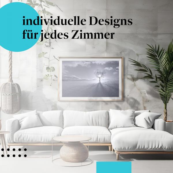 Schlafzimmer Deko: Modernes Zimmer mit "Einsamer Baum" Poster. Wanddeko im minimalistischen Stil.