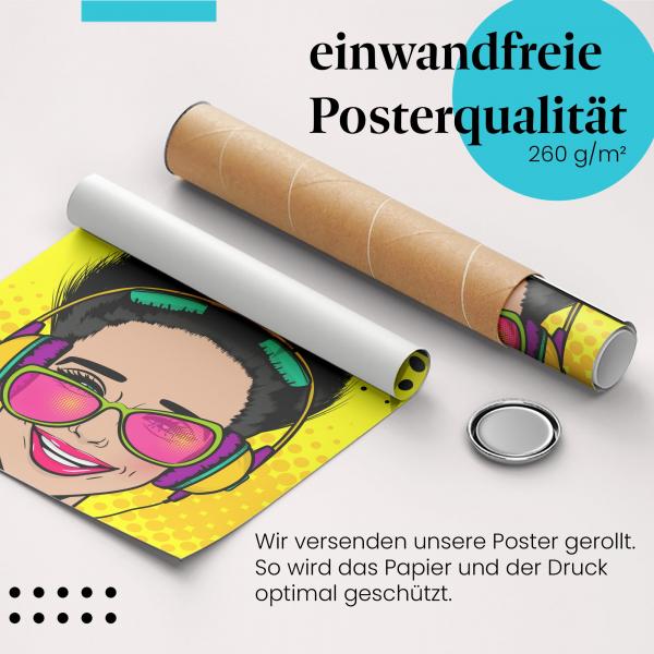 Gerolltes Poster "Wow", Frau, Pop Art, begeistert.