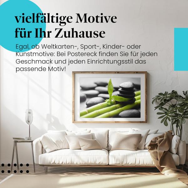 Stylisches Leinwandbild: Zen-Oase: Schwarze Steine und Bambus.