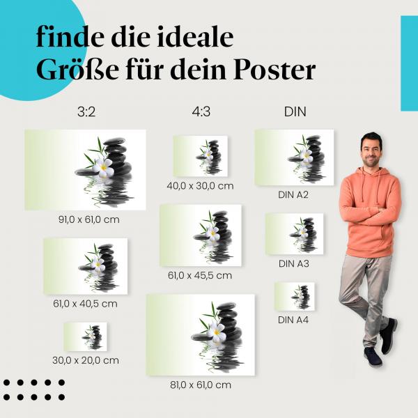 Finde die ideale Postergröße: Zen-Steine, Bambus, Frangipani, Wasser, Ruhe.