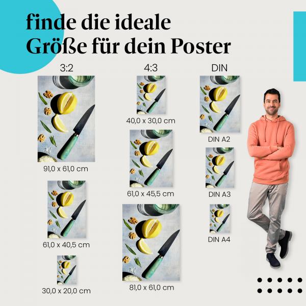 Zutaten, Poster: Zitronen, Nüsse, Kräuter, Messer.