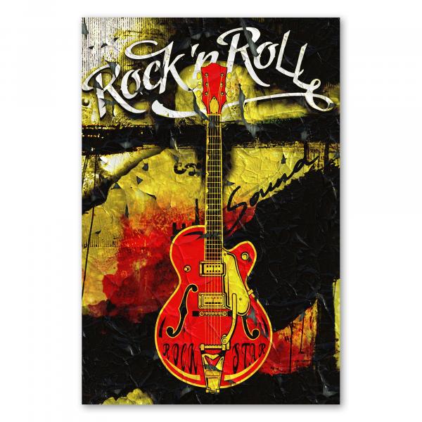 Eine rote E-Gitarre im Vintage-Stil vor vergilbtem Papier und dem Schriftzug "Rock'n'Roll Sound".