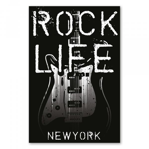 Used-Look E-Gitarre & Schriftzug "Rock Life New York" - cooles Design für Musikliebhaber.