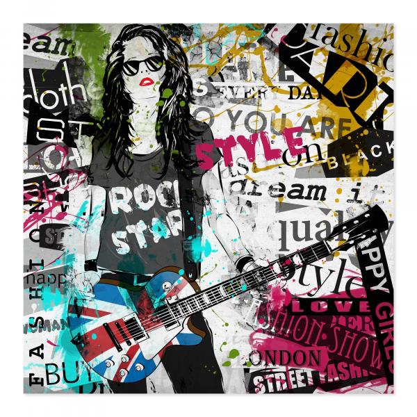 Modeillustration: Frau mit E-Gitarre & Sonnenbrille, Graffiti & Texte.