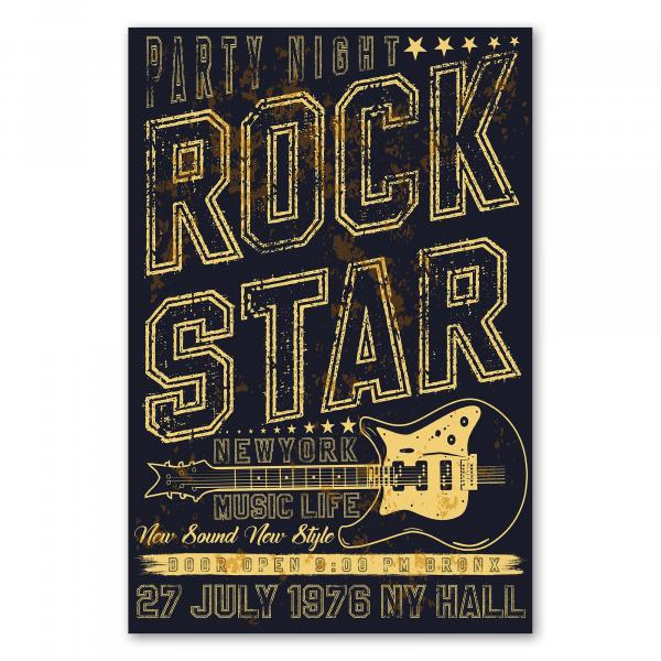 Konzertposter im Retro-Stil: Gitarre, Sterne & Schriftzug "Rock Star New York Music Life".