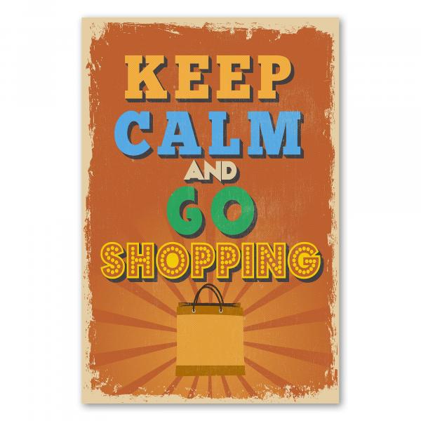 Vintage Poster in Orange: "Keep Calm and Go Shopping" mit Einkaufstasche.