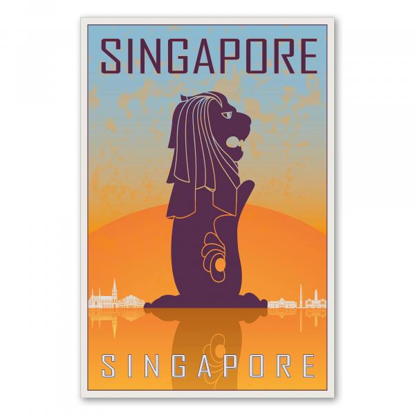 Der Merlion, das Wahrzeichen von Singapur, vor der Skyline der Stadt - ein Retro-Reiseposter im Stil der 50er Jahre.