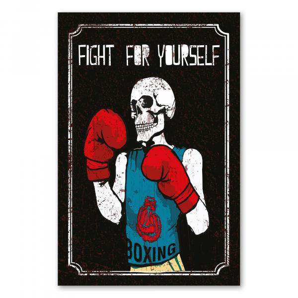 Skelett mit Boxhandschuhen & -Outfit in Kampfpose. Schriftzug: "Fight for yourself", "Boxing".