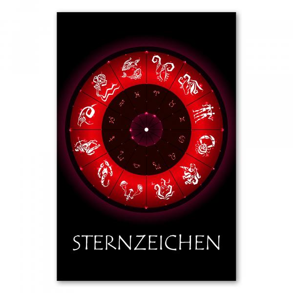 Die zwölf Sternzeichen in einem Kreis auf schwarzem Hintergrund. Rote Symbole, leuchtende Optik.