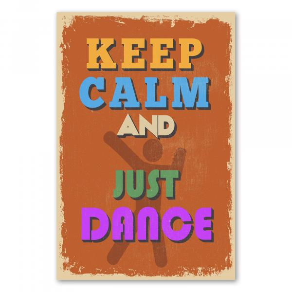 Vintage Poster in Orange: "Keep Calm and Just Dance" mit tanzender Figur.