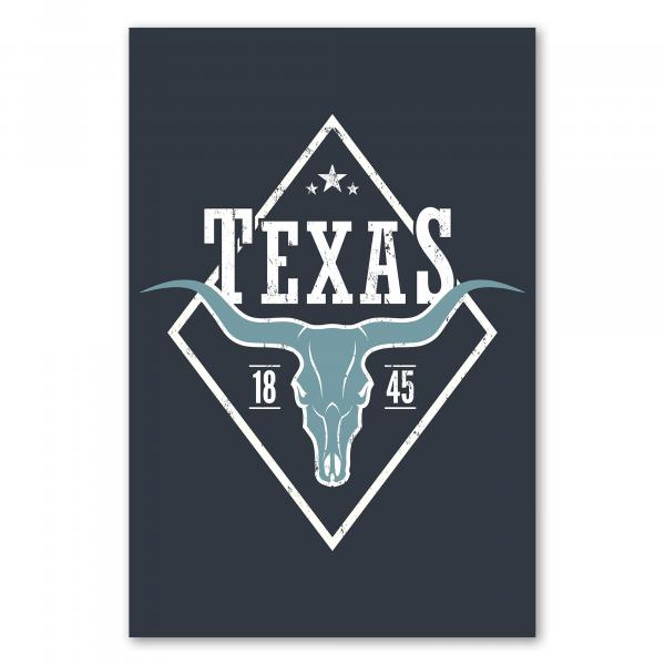 Rustikales Texas Logo im Vintage-Stil: Longhorn-Schädel, Diamant, Zahlen 18 & 45.