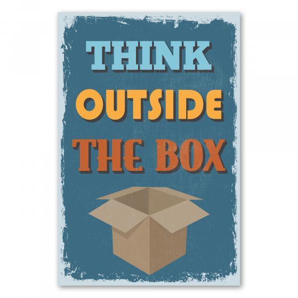 Blaues Vintage Poster mit Karton: "Think Outside the Box".