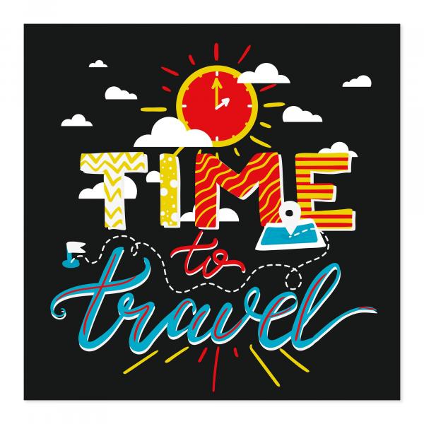 Schriftzug "Time to Travel" mit Sonne, Uhr, Wolken & Landkarte.