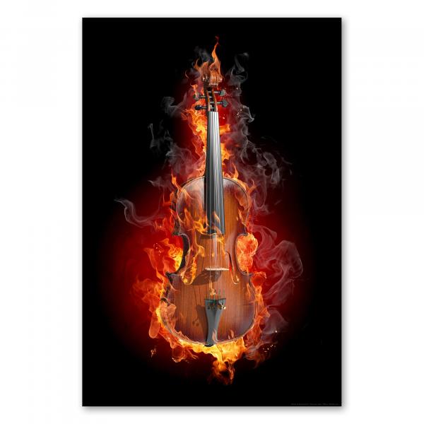 Eine Violine in Flammen symbolisiert die Intensität der Musik und schafft eine faszinierende Spannung.