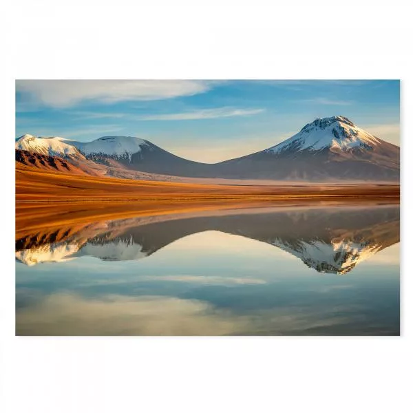 Zwei schneebedeckte Vulkane, orange leuchtender See, Spiegelung, blauer Himmel.