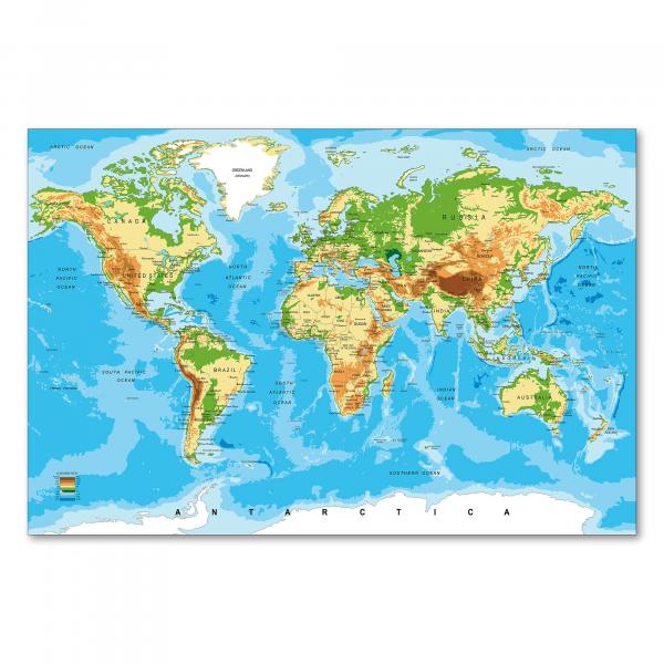 Umfassende Weltkarte mit detailliertem Landschaftsrelief, Ozeanen, Kontinenten und wichtigen Städten.