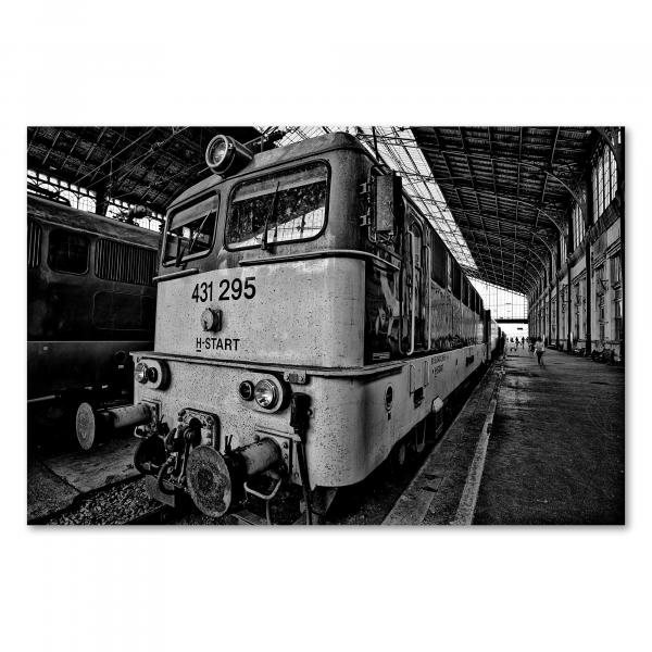 Schwarz-Weiß-Foto: Alter Zug im Bahnhof, historische Atmosphäre.